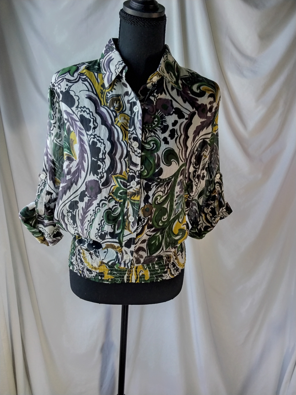 Fashion Magazine Printed Button-Front Blouse in Green, Yellow & Black